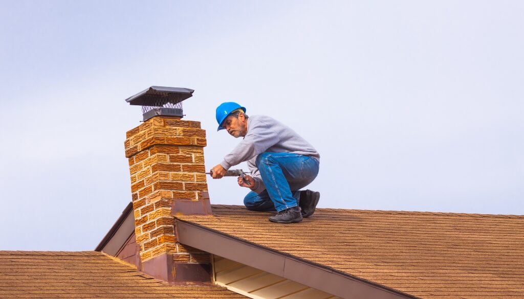 A worker performing chimney tuckpointing maintenance on a residential home.