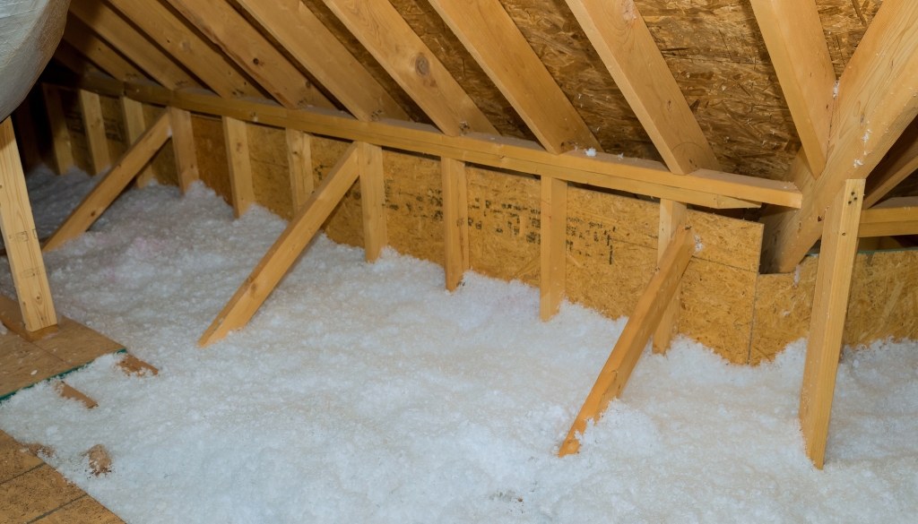 Attic with insulation lining the floor.