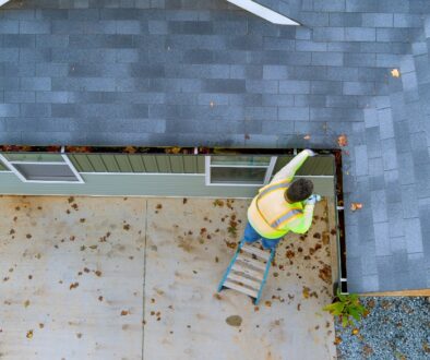 Man in a reflective vest standing on a ladder and performing gutter maintenance on a house.