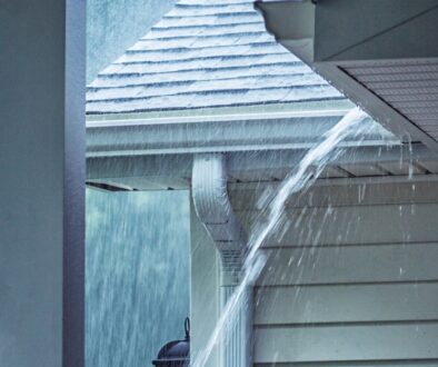 Rain spilling out of a home gutter system as it thunderstorms.