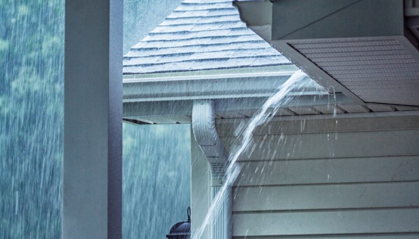 Rain spilling out of a home gutter system as it thunderstorms.