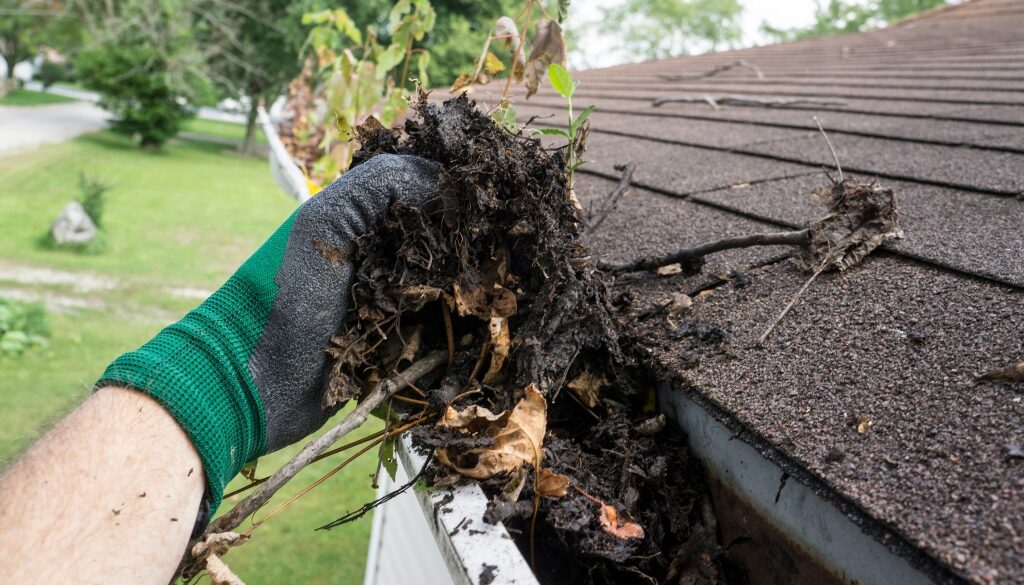 Gloved hand removing wet leaves and debris from a house gutter to prepare the roof for fall.