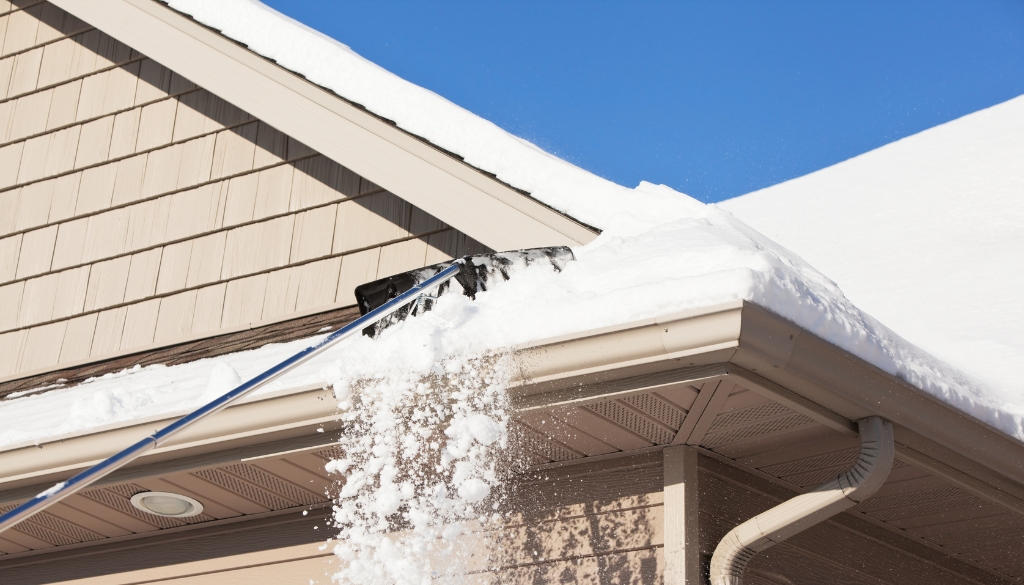 A residential roof with inches of snow on it, and a roof rake removing some of it.