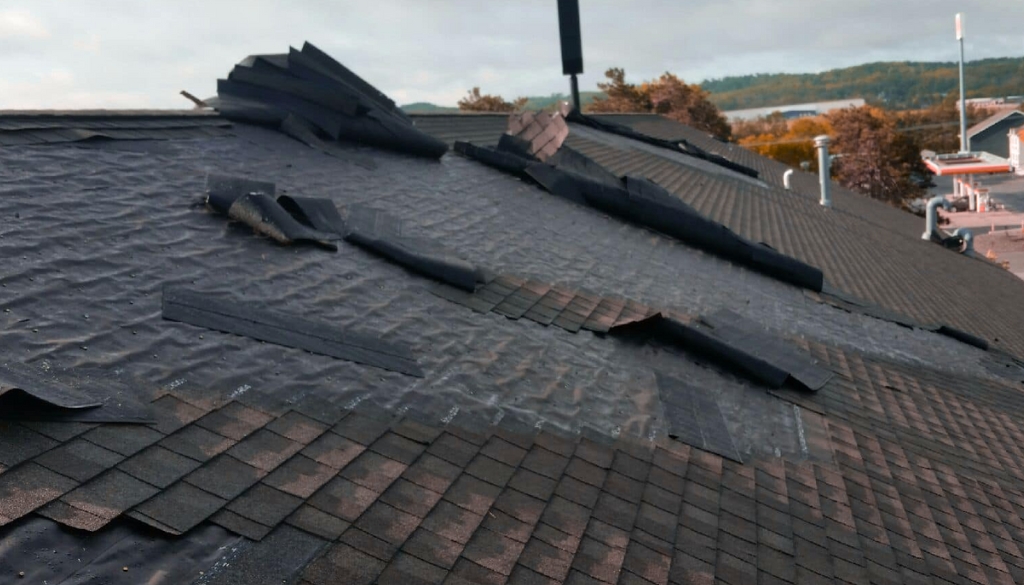 Missing shingles and severe roof damage after a storm in La Crosse, Wisconsin.