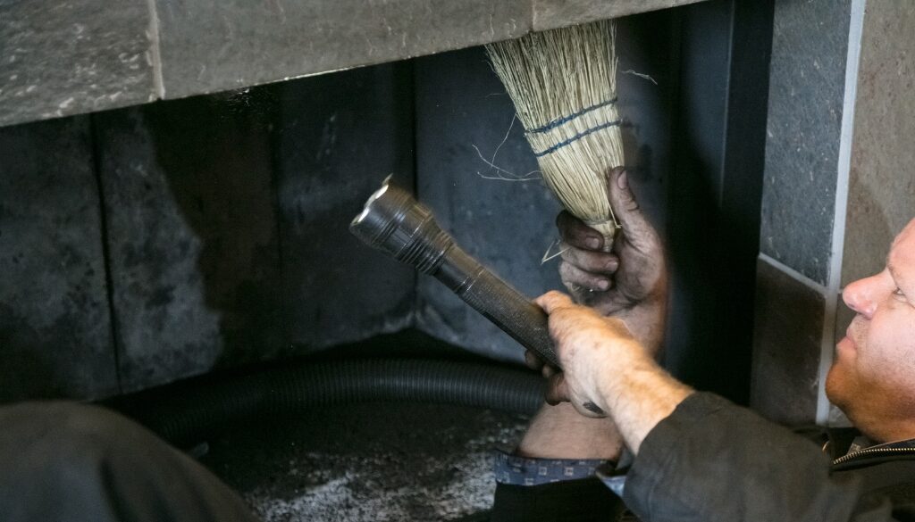 A professional roofer doing a routine chimney cleaning before winter.