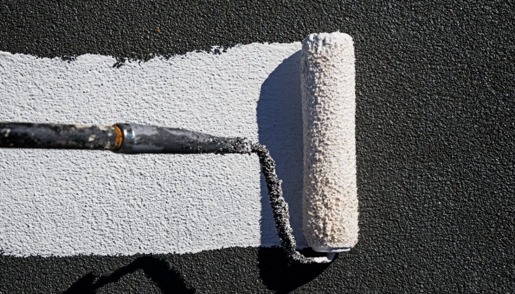 A roller applies a white reflective roof coating onto a flat commercial roof surface.