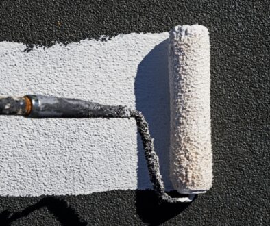 A roller applies a white reflective roof coating onto a flat commercial roof surface.