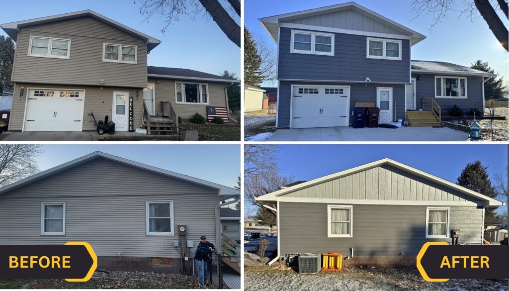 Before and after photos of a home exterior renovation in West Salem, Wisconsin by Ledegar Roofing, featuring new blue-gray siding and white trim that enhance curb appeal.