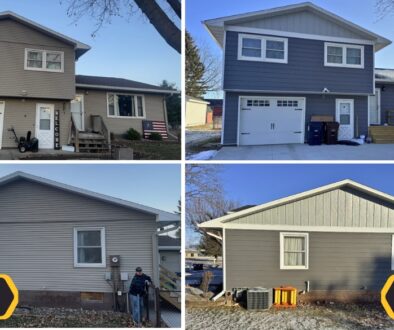 Before and after photos of a home exterior renovation in West Salem, Wisconsin by Ledegar Roofing, featuring new blue-gray siding and white trim that enhance curb appeal.