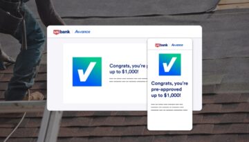 U.S. Bank Avvance™ pre-approval screen showing a $1,000 financing offer, overlaid on an image of a roof installation in progress.