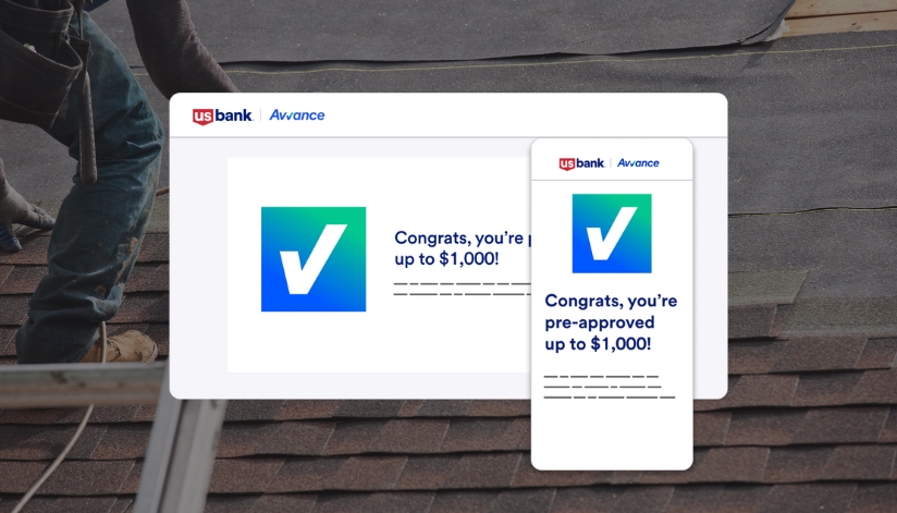 U.S. Bank Avvance™ pre-approval screen showing a $1,000 financing offer, overlaid on an image of a roof installation in progress.