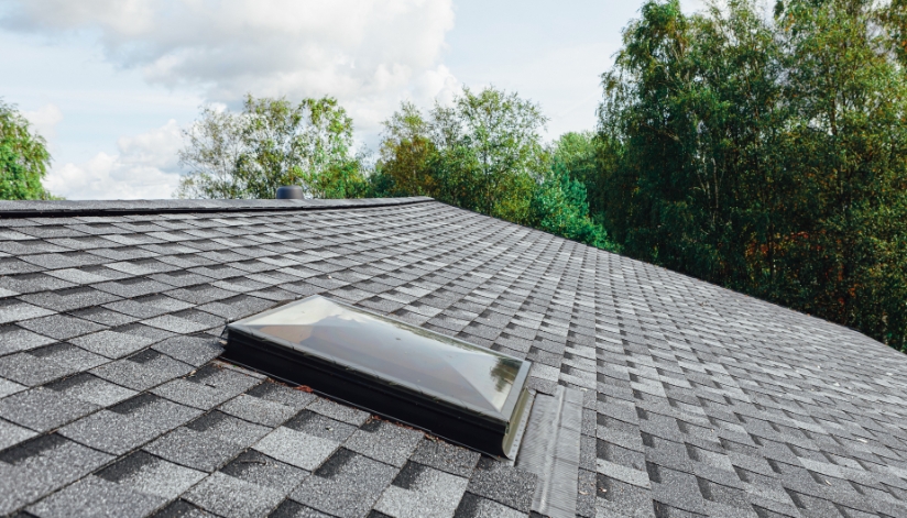 A close-up view of a residential asphalt shingle roof with a skylight, surrounded by green trees under a cloudy spring sky.