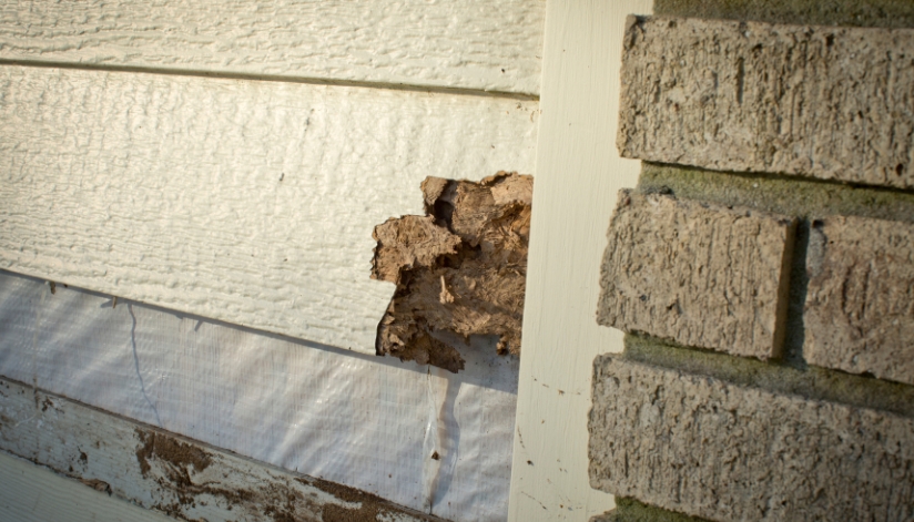 Close-up of severely damaged siding on a home, revealing rotting material and underlying layers near a brick corner.