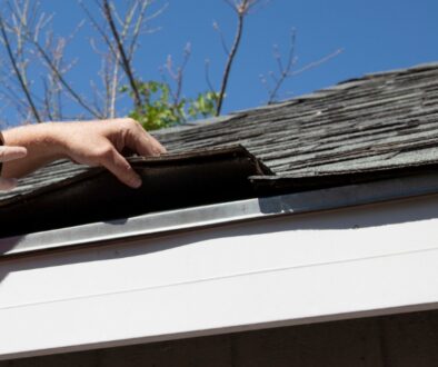 A contractor lifts damaged asphalt shingles during a free roof inspection to check for hidden issues.