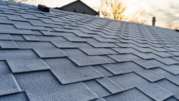 A close up of asphalt shingles on a residential home's roof at sunrise.