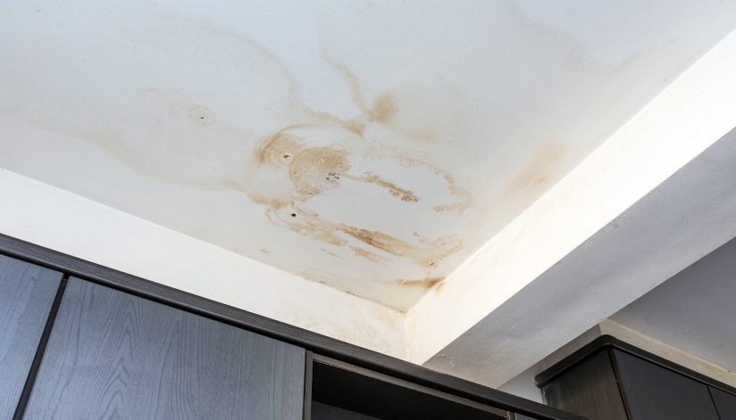 Water-stained ceiling corner above kitchen cabinets caused by a roof or gutter leak.