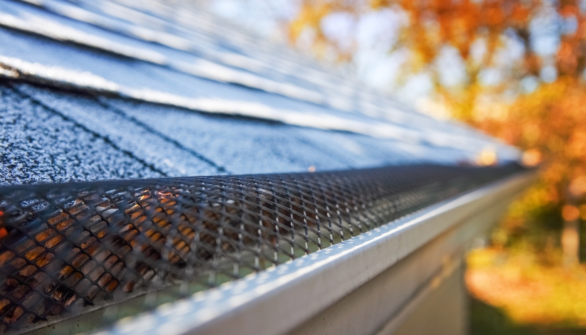A close-up view of a home’s gutter with a mesh gutter guard installed with a tree with orange leaves in the back.