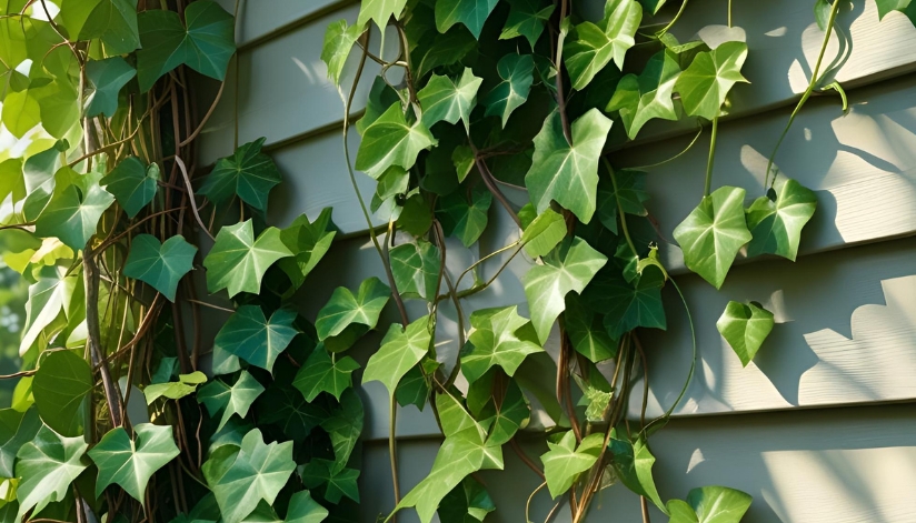 Green climbing vines growing on light-colored house siding.