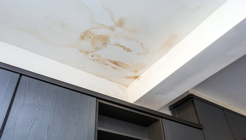 Water-stained ceiling above kitchen cabinets.