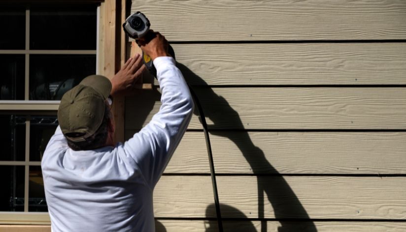 Employee improves exterior home maintenance by fixing siding on a house.