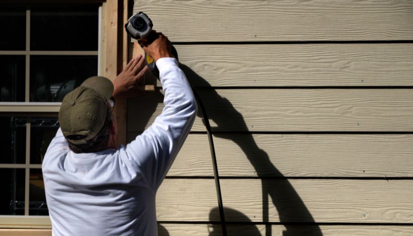 Employee improves exterior home maintenance by fixing siding on a house.