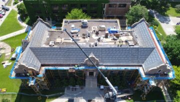 Top-view of Phelps Hall, Winona State University while the roof is being redone by Ledegar Roofing.