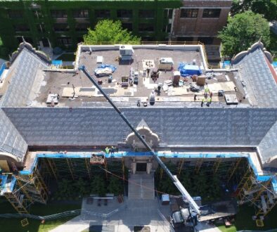 Top-view of Phelps Hall, Winona State University while the roof is being redone by Ledegar Roofing.