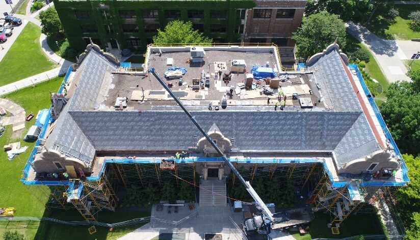 Top-view of Phelps Hall, Winona State University while the roof is being redone by Ledegar Roofing.