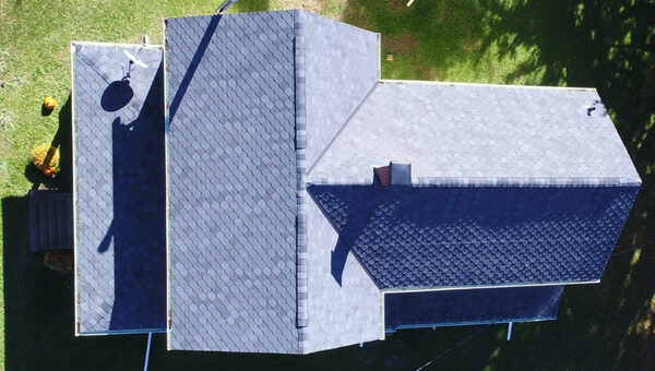 Aerial view of a West Salem home with a recently completed asphalt shingle reroof.