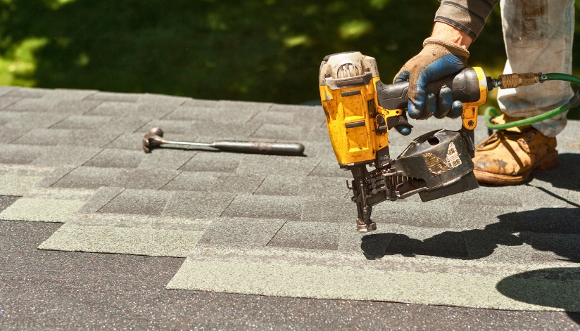 A roofer uses a nail gun to install asphalt shingles on a residential roof.