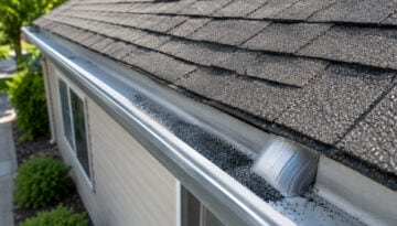 Asphalt shingle roof with loose shingle granules collected in a metal gutter near the downspout.