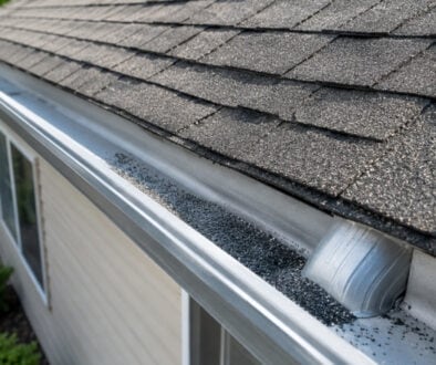 Asphalt shingle roof with loose shingle granules collected in a metal gutter near the downspout.