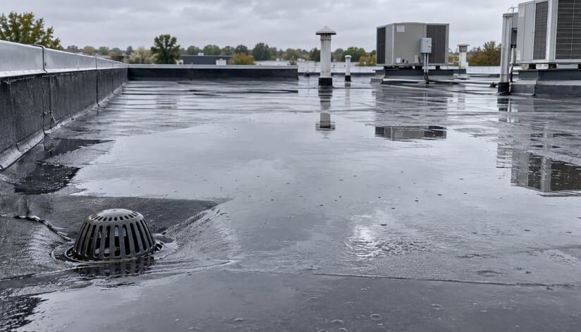 Standing water ponding around a roof drain on a commercial flat roof after rainfall.